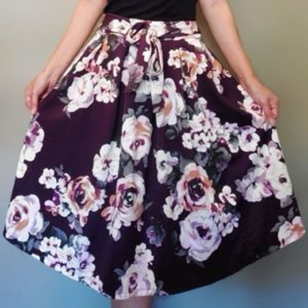 Haute Monde Romantic Floral Tie-Waist Midi Skirt A-line Full Skirt